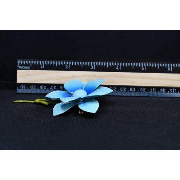 Vintage Blue Enamel Metal Flower Green Stem Brooch, 1960s, 3 3/4 Inches - Picture 6 of 10